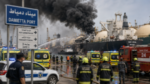 Horizontal shot showing emergency response units at Damietta Port in Egypt following a marine incident.