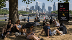 Horizontal shot showing people in London seeking shade in a public park during extreme heatwave conditions.