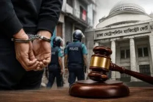 A horizontal, wide-angle documentary photograph of the busy exterior entrance of the Dhaka Metropolitan Court premises, with security personnel standing near the gate under a bright sky.