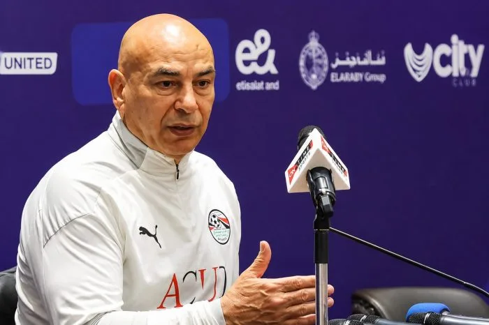 Egypt national football team head coach Hossam Hassan speaks during a pre-match press conference.