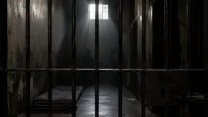 A horizontal, wide-angle documentary photograph capturing the heavy iron-barred gates of an official corrections facility in Bangladesh under an overcast, somber sky, with high stone walls stretching into the background.