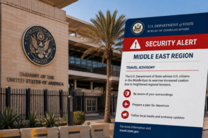 US Embassy seal and security alert notice for travel advisories in the Middle East