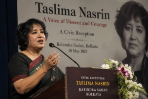 Exiled Bangladeshi author Taslima Nasrin speaking at Rabindra Sadan civic reception in Kolkata