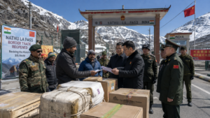 Indian and Chinese officials and traders at the high-altitude Nathu La Pass border point in Sikkim