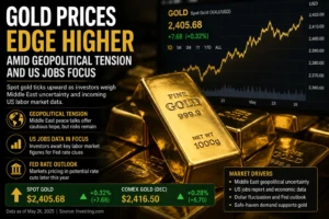 Gold bullion bars and financial market trading charts showing precious metal prices