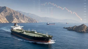Oil tanker sailing through the Strait of Hormuz amid U.S.-Iran negotiations