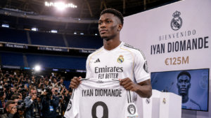 Iyan Diomande in Real Madrid jersey following record transfer from RB Leipzig