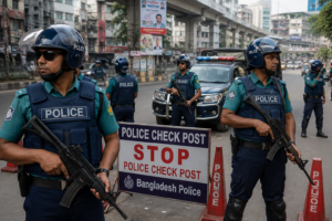 Bangladesh police officers on high alert at a security checkpoint in Dhaka