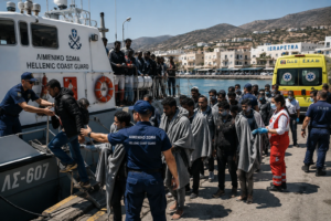 Rescued migrants arriving at Ierapetra port in Crete Greece