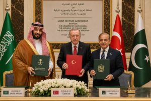 Leaders of Saudi Arabia, Türkiye, and Pakistan signing joint defense agreement in Mecca