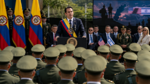 Newly inaugurated Colombian President Abelardo de la Espriella addressing military troops in Cali