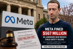 Mark Zuckerberg and Meta logo outside court regarding New Mexico child safety lawsuit