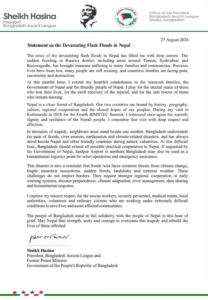 Sheikh Hasina Expresses Grief Over Nepal Floods, Suggests Using Saidpur Airport for Aid